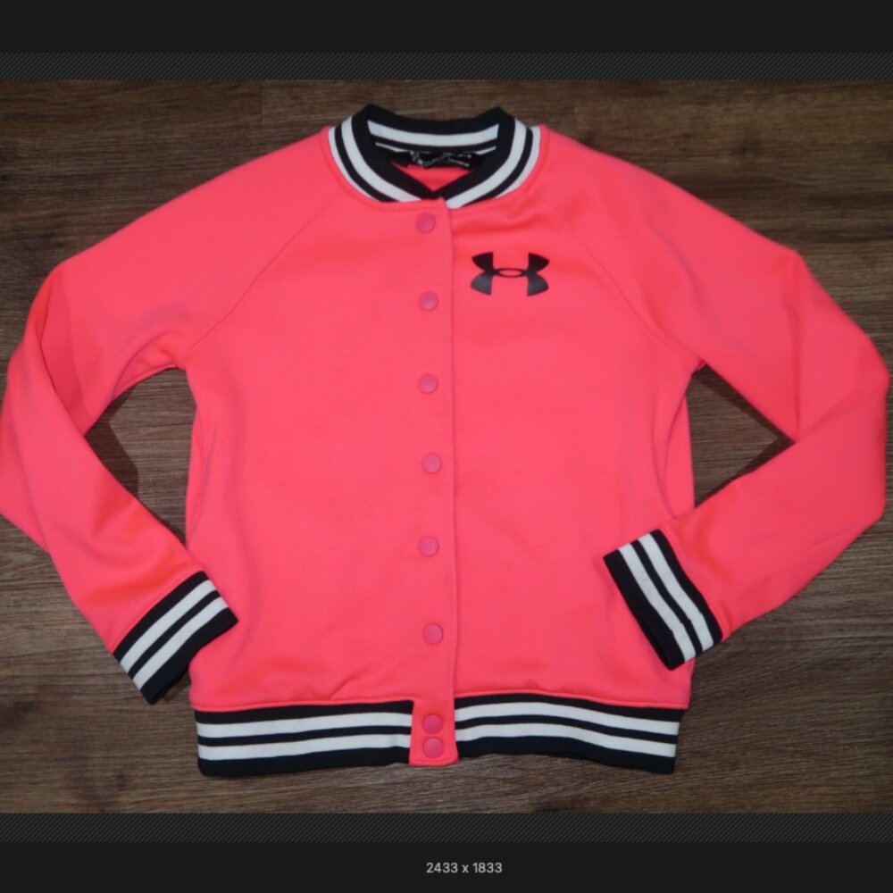 Girls Under Armour Neon Pink Black White Fleece Lined Athletic Bomber Jacket YM